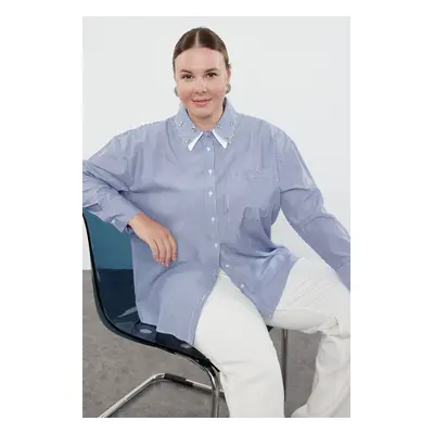 Trendyol Curve Navy Blue White Striped Stone Embroidered Double Collar Pocket Plus Size Shirt