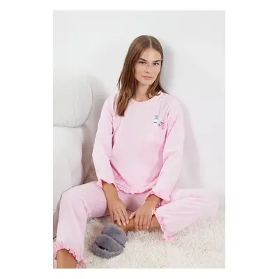 Trendyol Light Pink Printed Pocket and Ruffle Detailed Knitted Pajama Set