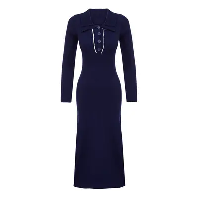 Trendyol Navy Blue Midi Knit Striped Piping Detail Dress