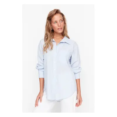 Trendyol Light Blue Slim Striped Single Pocket Boyfriend/Wide Fit Cotton Woven Shirt