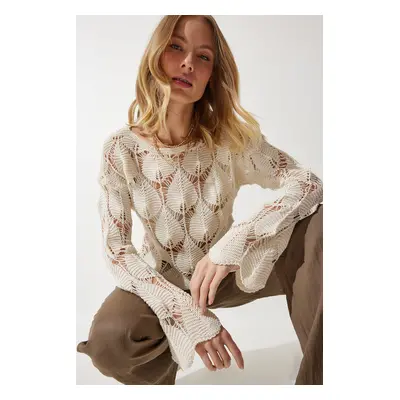 Happiness İstanbul Women's Cream Openwork Crop Knitwear Blouse