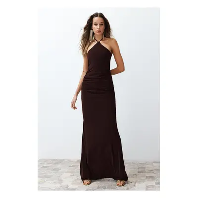 Trendyol Brown Fitted Knitted Long Evening Dress