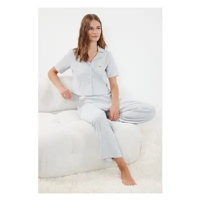 Trendyol Gray Melange Teddy Bear Embroidered Ribbed Knitted Pajama Set