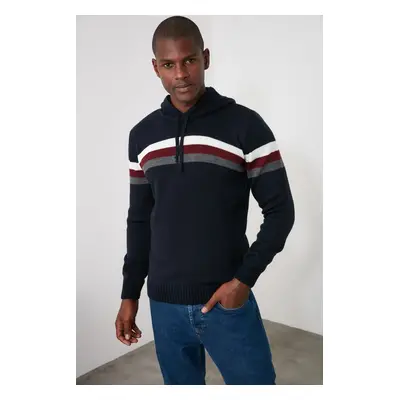 Trendyol Navy Blue Slim Hooded Striped Knitwear Sweatshirt