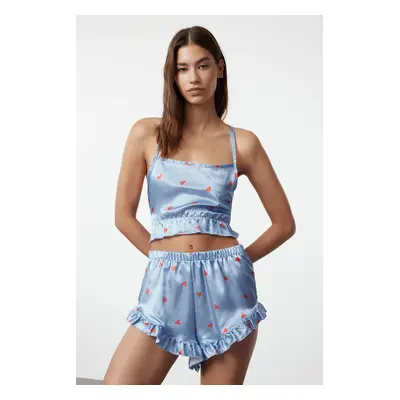 Trendyol Blue-Multicolored Ruffles and Back String Strap Satin Woven Pajama Set