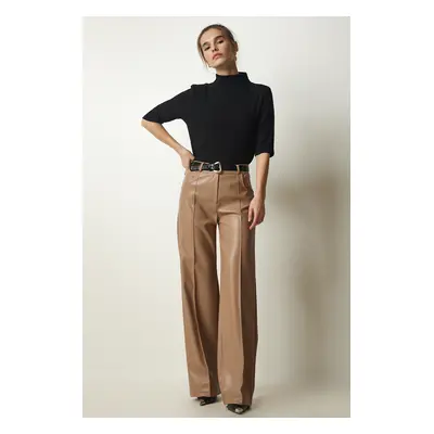 Happiness İstanbul Women's Biscuit Premium Pocket Faux Leather Trousers