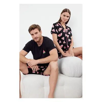 Trendyol Black Couple Regular Fit Watermelon Patterned 100% Cotton Shorts Pajama Set