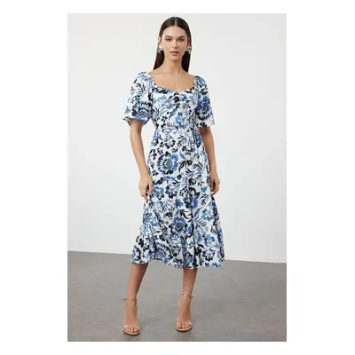 Trendyol Blue Floral Patterned A-Line Balloon Sleeve Floral Patterned Midi Woven Dress