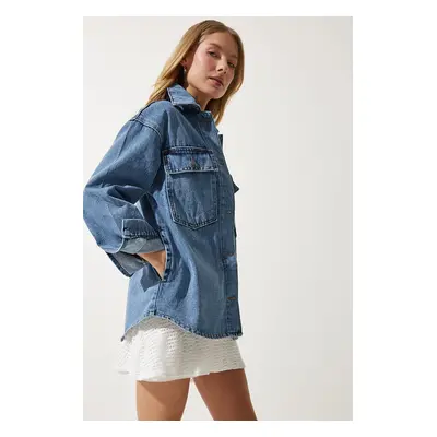 Happiness İstanbul Women's Blue Denim Jacket with Pockets