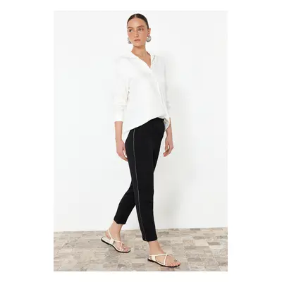 Trendyol Black Elastic Waist Linen Look Woven Trousers with Glitter Stripes on the Side