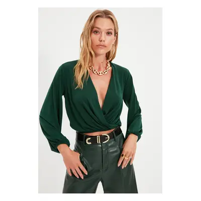 Trendyol Emerald Green Slim Double Breasted Neck Flexible Knitted Blouse