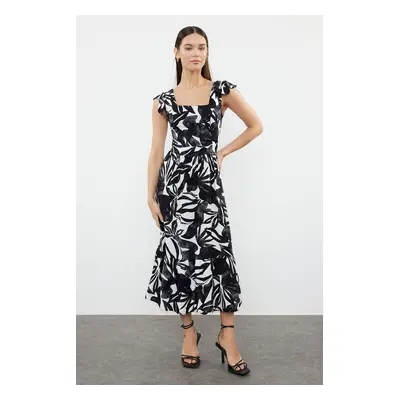 Trendyol Ecru Floral Patterned Square Neck A-Line Viscose Midi Woven Dress