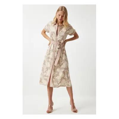 Happiness İstanbul Women's Cream Floral Summer Slim Viscose Dress