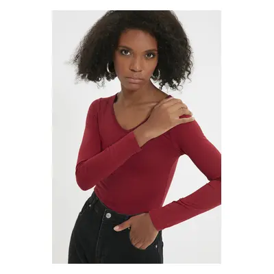 Trendyol Claret Red V-Neck Knitted Body With Snap Fastener