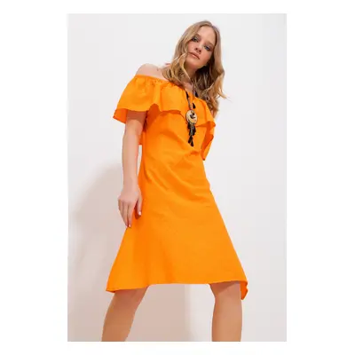 Trend Alaçatı Stili Women's Orange Madonna Collar Self Patterned Woven Dress