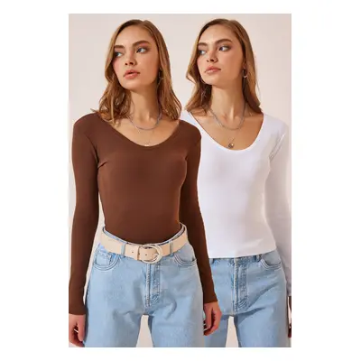 Happiness İstanbul Women's Brown White V Neck 2-Pack Knitted Blouse