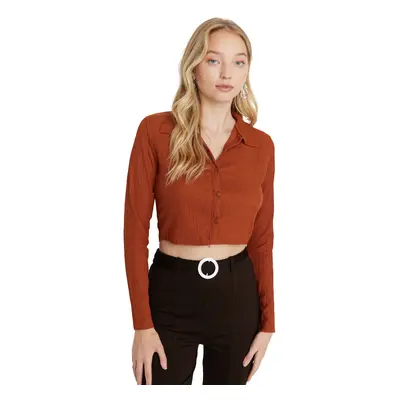 Trendyol Tile Buttoned Fitted/Situated Polo Neck Crepe/Textured Crop Knitted Blouse