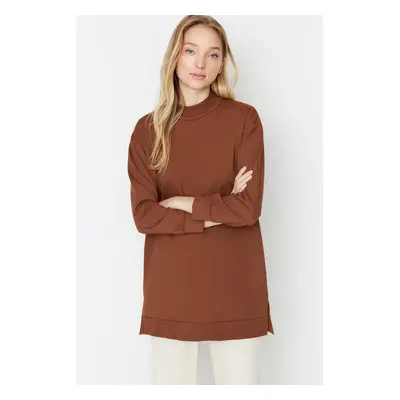 Trendyol Brown High Neck Slit Detailed Basic Knitted Sweatshirt