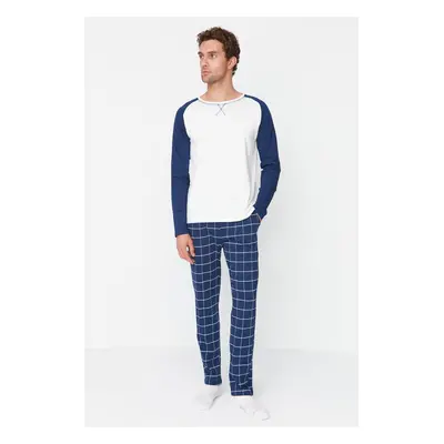 Trendyol Navy Blue 100% Cotton Plaid Knitted Pajama Set