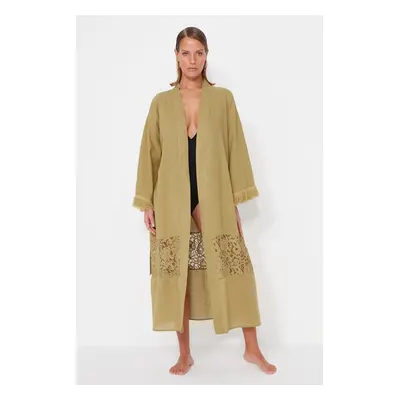 Trendyol Green Belted Maxi Woven 100% Cotton Kimono&Caftan with Lace