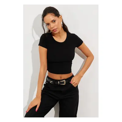 Cool & Sexy Women's Black Open Waist Crop Blouse GC130