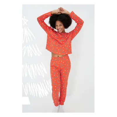 Trendyol Red 100% Cotton Christmas Themed Tshirt-Jogger Knitted Pajama Set