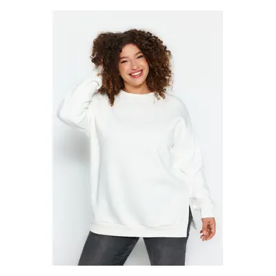 Trendyol Curve Beige Thick Polar Fleece Inside Slit Oversize Knitting Plus Size Sweatshirt