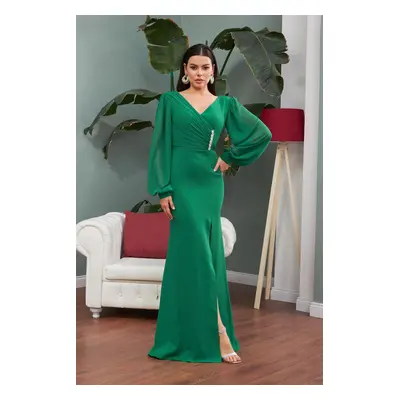 Carmen Emerald Chiffon Buckle Detailed Long Evening Dress