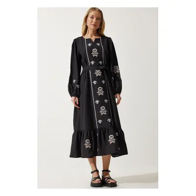 Happiness İstanbul Women's Black Embroidered Linen Surface Long Woven Dress