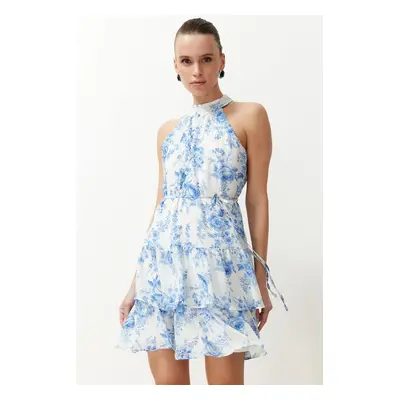 Trendyol Ecru Floral Print A-Line Layer Mini Lined Chiffon Woven Dress