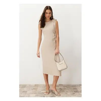 Trendyol Mink Straight Cut Gather Detailed Midi Woven Dress