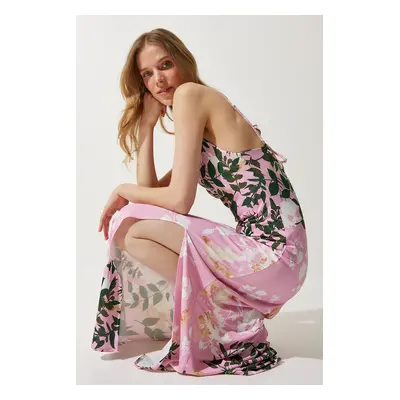 Happiness İstanbul Women's Pink Floral Slit Summer Dress