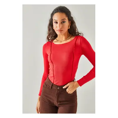 Olalook Women's Red Stitch Detail Crop Lycra Blouse