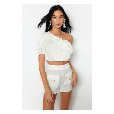 Trendyol Ecru Crop Woven Ruffled One-Shoulder 100% Cotton Blouse