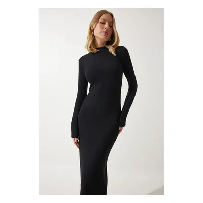 Happiness İstanbul Women's Black Stand Collar Ribbed Knitted Wrap Dress