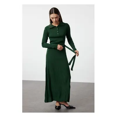 Trendyol Dark Green Belted Polo Neck Ribbed Knitwear Dress