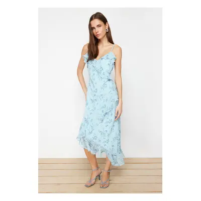 Trendyol Blue Floral Ruffle A-line Chiffon Lined Maxi Woven Dress