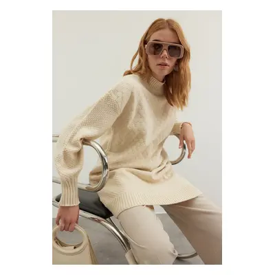 Trendyol Stone High Collar Honeycomb Pattern Knitted Knitwear Sweater