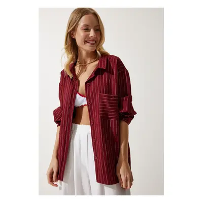 Happiness İstanbul Women's Burgundy Striped Pocket Viscose Shirt