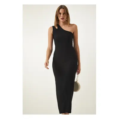 Happiness İstanbul Women's Black One-Shoulder Slit Wrap Knitted Dress