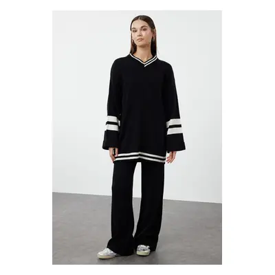 Trendyol Black Color Block Striped Knitwear Bottom-Top Set