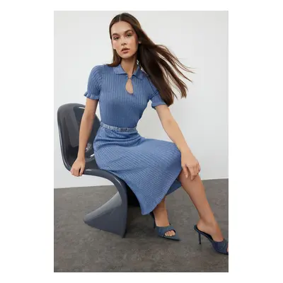 Trendyol Blue Plain Polo Neck Glittery Knitwear Dress