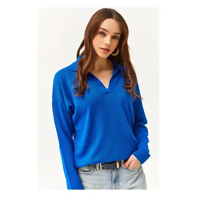 Olalook Women's Saxe Blue Polo Neck Thin Knitwear Sweater