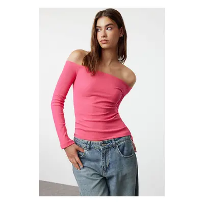 Trendyol Pink Carmen Collar Regular Length Fitted Ribbed Stretchy Knitted Blouse