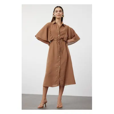 Trendyol Brown Cape Sleeve Detailed Tie Waist Midi Shirt Woven Dress