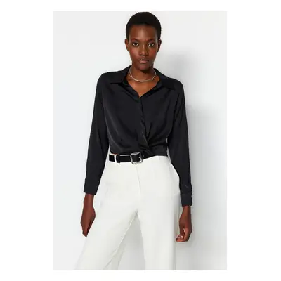 Trendyol Black Crop Shirt Collar Satin Woven Blouse