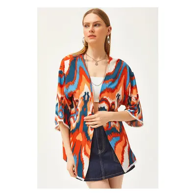 Olalook Women's Orange Blue Palm Guipure Detailed Viscose Kimono