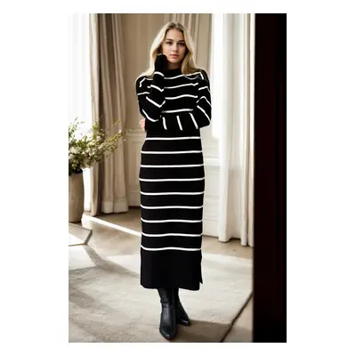 Z3059 Dewberry Womens Striped Long Sleeve Knitwear Dress-BLACK