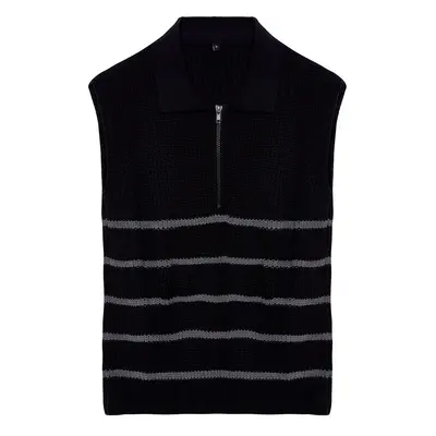 Trendyol Black Zippered Striped Polo Neck Knit Sweater