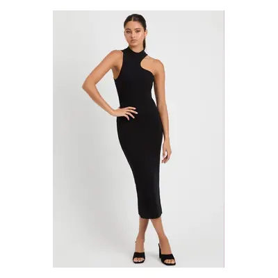 Madmext Black Halter Neck Long Basic Dress with Low-cut Shoulders